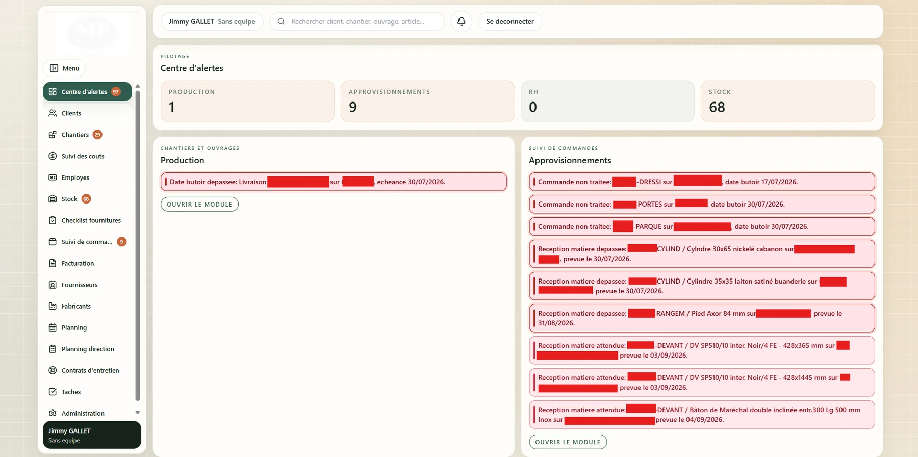 Interface réelle d’un ERP développé sur mesure pour une menuiserie avec chantiers, production, approvisionnements, stocks et alertes