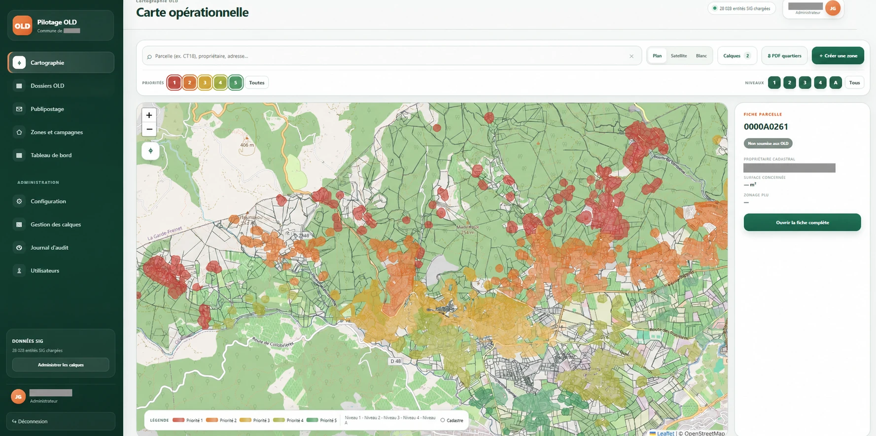 Interface réelle anonymisée de Gestion OLD avec cartographie cadastrale, couches SIG et niveaux de priorité