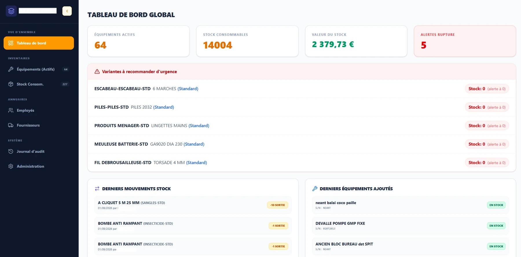 Tableau de bord réel du logiciel Gestion Stock avec équipements, consommables, valorisation et alertes de rupture